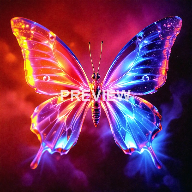 A luminous, colorful butterfly with translucent wings displaying vibrant shades of pink, blue, and purple, set against a dark, smoky background.